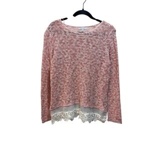 NWT Fever Womens Peach Marled Knit Sweater Lace Crochet Trim Hem Size Medium